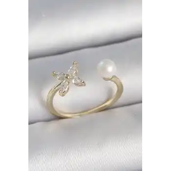 Pirinç Gold Renk Zirkon Taşlı Çiçek Model İnci Detay Ayarlanabilir Kadın Yüzük
