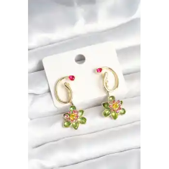Pirinç Gold Renk Zirkon Taşlı Çiçek Model Kadın Küpe