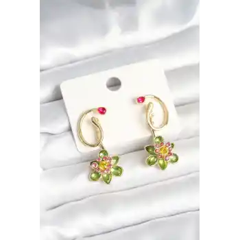 Pirinç Gold Renk Zirkon Taşlı Çiçek Model Kadın Küpe