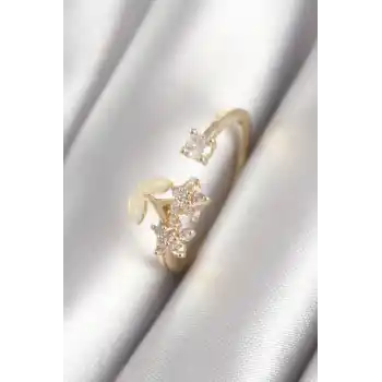 Pirinç Gold Renk Zirkon Taşlı Çiçek Model Kadın Yüzük