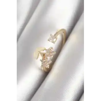 Pirinç Gold Renk Zirkon Taşlı Çiçek Model Kadın Yüzük