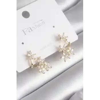 Pirinç Gold Renk Zirkon Taşlı Çiçek Tasarım Kadın Küpe