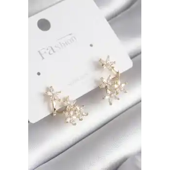 Pirinç Gold Renk Zirkon Taşlı Çiçek Tasarım Kadın Küpe