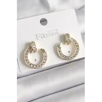 Pirinç Gold Renk Zirkon Taşlı Çivi Halka Model Kadın Küpe