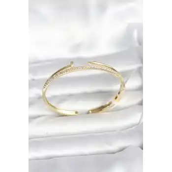 Pirinç Gold Renk Zirkon Taşlı Çivi Model Kadın Kelepçe Bileklik