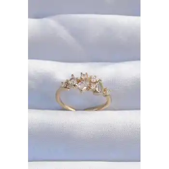 Pirinç Gold Renk Zirkon Taşlı Damla Detay Ayarlanabilir Yüzük