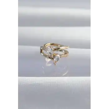 Pirinç Gold Renk Zirkon Taşlı Damla Earcuff Küpe