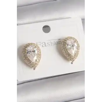 Pirinç Gold Renk Zirkon Taşlı Damla Model Kadın Küpe