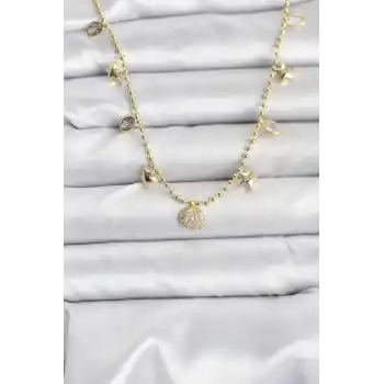 Pirinç Gold Renk Zirkon Taşlı Deniz Kabuğu Model Kadın Kolye