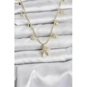 Pirinç Gold Renk Zirkon Taşlı Deniz Yıldızı Model Kadın Kolye