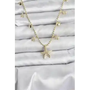Pirinç Gold Renk Zirkon Taşlı Deniz Yıldızı Model Kadın Kolye