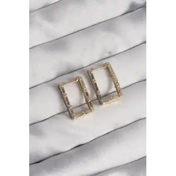 Pirinç Gold Renk Zirkon Taşlı Dikdörtgen Model Seranay Küpe
