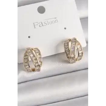 Pirinç Gold Renk Zirkon Taşlı Düğüm Halka Model Kadın Küpe