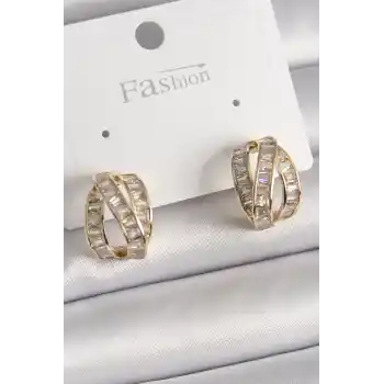 Pirinç Gold Renk Zirkon Taşlı Düğüm Halka Model Kadın Küpe