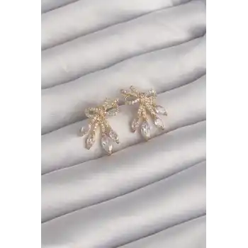 Pirinç Gold Renk Zirkon Taşlı Fiyonk Küpe