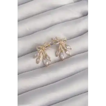 Pirinç Gold Renk Zirkon Taşlı Fiyonk Küpe