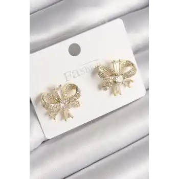 Pirinç Gold Renk Zirkon Taşlı Fiyonk Model Kadın Küpe