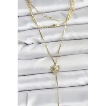 Pirinç Gold Renk Zirkon Taşlı Güneş Model Detaylı 3lü Kombin Y Kadın Kolye