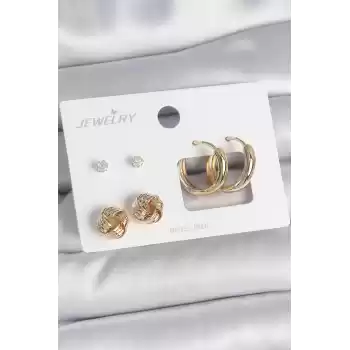 Pirinç Gold Renk Zirkon Taşlı Halka Model Burgu Detay 3 Çift Kadın Küpe Seti