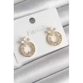 Pirinç Gold Renk Zirkon Taşlı Halka Model Çiçek Figür Kadın Küpe