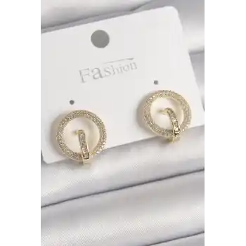 Pirinç Gold Renk Zirkon Taşlı Halka Model Kadın Küpe