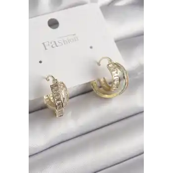 Pirinç Gold Renk Zirkon Taşlı Halka Model Kadın Küpe