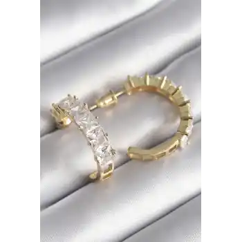 Pirinç Gold Renk Zirkon Taşlı Halka Model Kadın Küpe