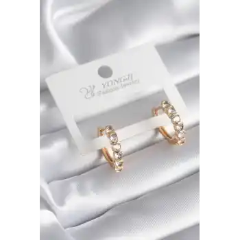 Pirinç Gold Renk Zirkon Taşlı Halka Model Kadın Küpe