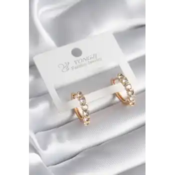 Pirinç Gold Renk Zirkon Taşlı Halka Model Kadın Küpe