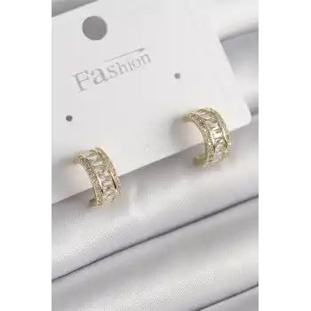 Pirinç Gold Renk Zirkon Taşlı Halka Model Kadın Küpe