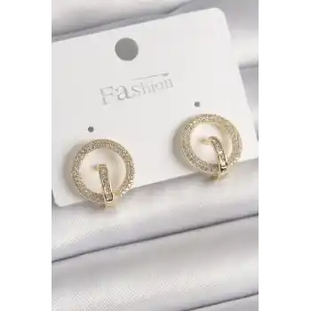Pirinç Gold Renk Zirkon Taşlı Halka Model Kadın Küpe