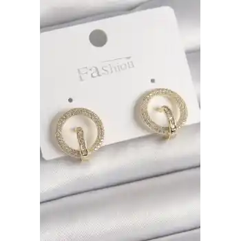 Pirinç Gold Renk Zirkon Taşlı Halka Model Kadın Küpe