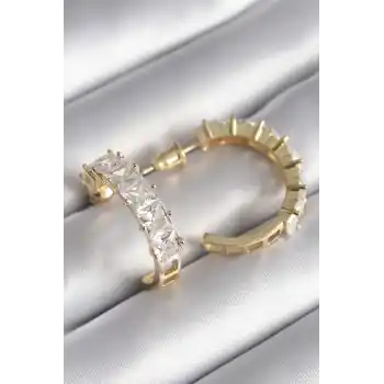 Pirinç Gold Renk Zirkon Taşlı Halka Model Kadın Küpe