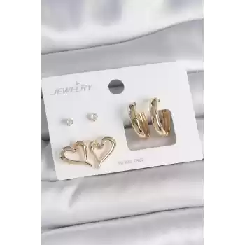 Pirinç Gold Renk Zirkon Taşlı Halka Model Kalp Detay 3 Çift Kadın Küpe Seti