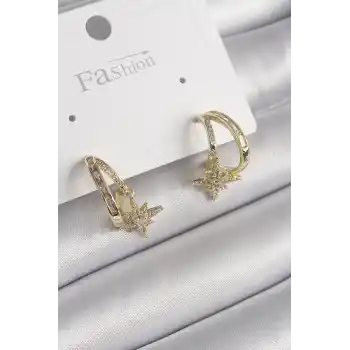 Pirinç Gold Renk Zirkon Taşlı Halka Model Yıldız Detay Kadın Küpe