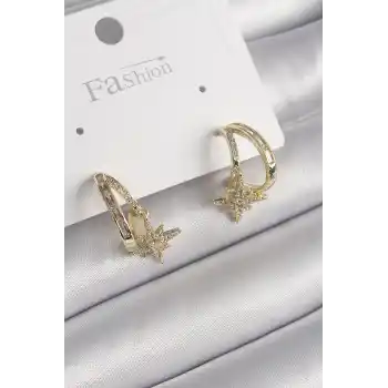Pirinç Gold Renk Zirkon Taşlı Halka Model Yıldız Detay Kadın Küpe