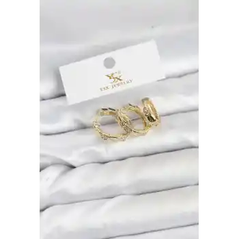 Pirinç Gold Renk Zirkon Taşlı Halka Yılan Model YSX Trio Küpe Seti