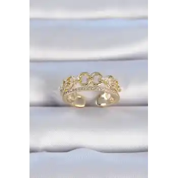 Pirinç Gold Renk Zirkon Taşlı İnci Detay Kadın Yüzük