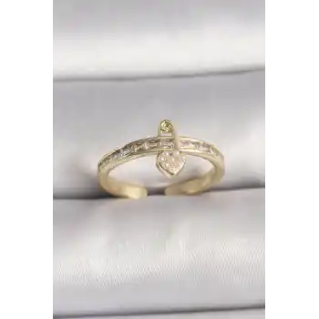Pirinç Gold Renk Zirkon Taşlı İnci Detay Kilit Kalp Figür Ayarlanabilir Yüzük