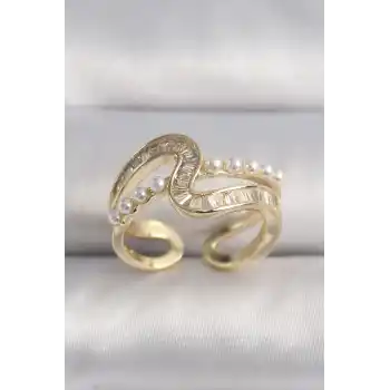 Pirinç Gold Renk Zirkon Taşlı İnci Detay VIP Seri Kadın Yüzük