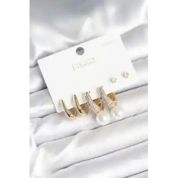 Pirinç Gold Renk Zirkon Taşlı İnci Detaylı 925 Ayar Gümüş Çivili Kadın Küpe Seti