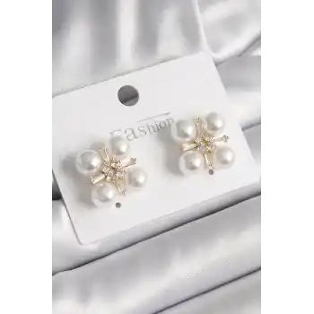 Pirinç Gold Renk Zirkon Taşlı İncili Kadın Küpe