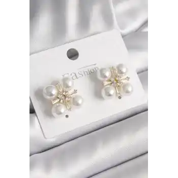 Pirinç Gold Renk Zirkon Taşlı İncili Kadın Küpe