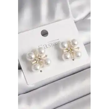 Pirinç Gold Renk Zirkon Taşlı İncili Kadın Küpe