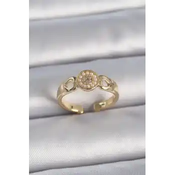 Pirinç Gold Renk Zirkon Taşlı İncili Kalp İşleme Detay Ayarlanabilir Kadın Yüzük