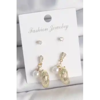 Pirinç Gold Renk Zirkon Taşlı İncili Sallantılı İşlemeli Damla Model 3 Çift Kadın Küpe Seti