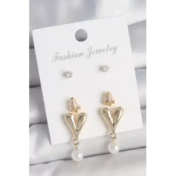 Pirinç Gold Renk Zirkon Taşlı İncili Sallantılı Kalp Model 3 Çift Kadın Küpe Seti