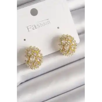 Pirinç Gold Renk Zirkon Taşlı Kadın Küpe