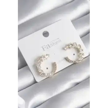 Pirinç Gold Renk Zirkon Taşlı Kadın Küpe