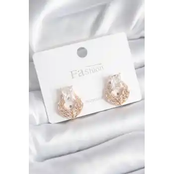 Pirinç Gold Renk Zirkon Taşlı Kadın Küpe